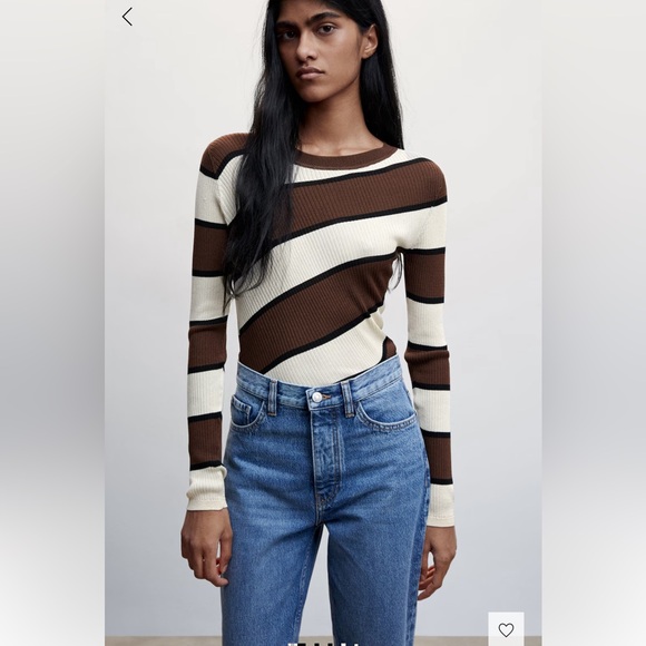 Striped Brown and Cream Long Sleeve rib sweater Top - Picture 1 of 8